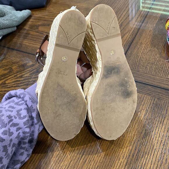 Prada Crisscross Raffia Wedge High Heel Sandal Beige EU 37 - Picture 6 of 7